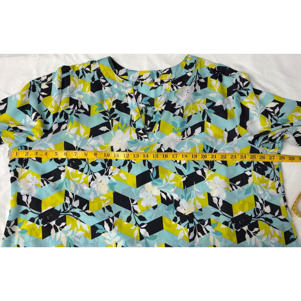 Cato Floral Chevron Print Split Neck Blouse Teal Lime 22/24W - Picture 6 of 6
